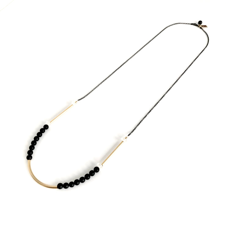 Matte Onyx Round Beads and Quartz Crystal Long Necklace