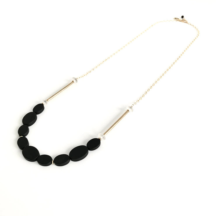 Matte Onyx Oval and Quartz Crystal Long Necklace